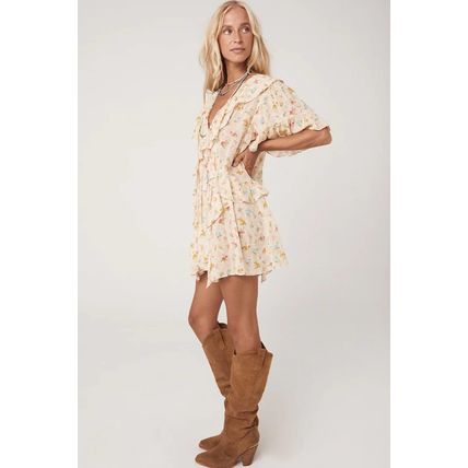 Apricot Boho Floral Tassel Tie V Neck Ruffle Wide Sleeve Mini Dress