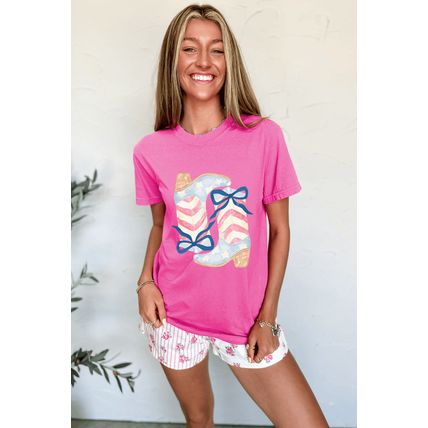 Sachet Pink Flag Pattern Boots Bow Accent Casual Graphic Tee