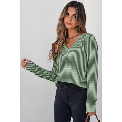 Green Stripe V Neck Stretchy Long Sleeve Top