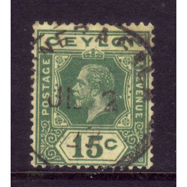 CEYLON 1923 SG349a 15c GREEN / PALE YELLOW FINE USED