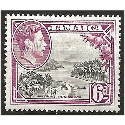 Jamaica 1950 SG128a 6d Grey & Purple Perf 13.5x13 Mounted Mint . ..