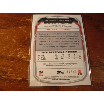 2013 Bowman, Rare Red Foil, #'d 02/25, MICHAEL CRABTREE, 49ers, #67