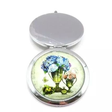 Floral Compat Mirror Silverl Coloured Rim Blue Hydrangea Gift Beauty Ladies