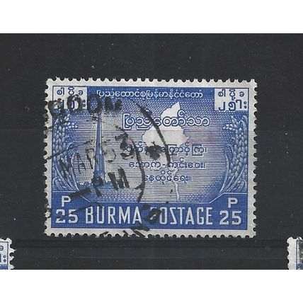 Burma.SG136 25p Independence Monument,Ragoon and Map (Blue).Fine Used.Jul25a