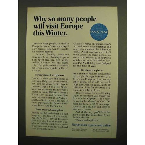 1966 Pan Am Airline Ad - Visit Europe This Winter