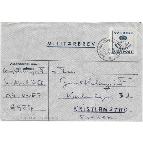 Sweden Military Postal Sta in Gaza Egypt to Sweden 1963 with RETURN LABEL inside