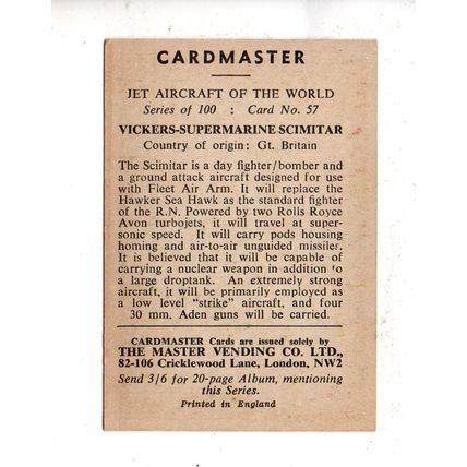 CARDMASTER JET AIRCRAFT OF THE WORLD 1958 VICKERS-SUPERMARINE SCIMITAR No.57 GB.