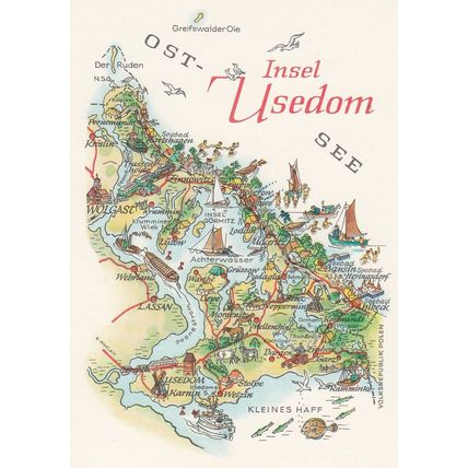Insel Usedom Lassan Wolgast Kleines Haff Welzin Ship German Karte Map Postcard