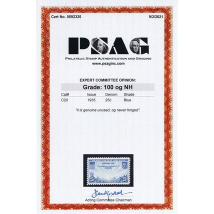 C20, Mint NH Superb GEM 25¢ With PSAG Graded 100 Certificate * Stuart Katz