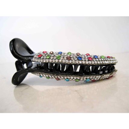 Black art deco sparkly banana hair claw clip with rhinestones