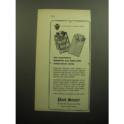 1958 Paul Stuart Fashion Ad - Our superlative Madras and Foulard shirts