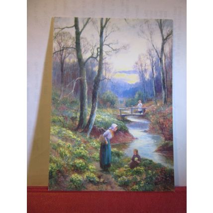 PICKING PRIMROSES by E. Walbourn unused postcard. Woman's weekly art =