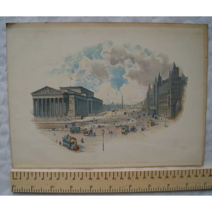 Vintage: coloured engraving - St. George's Hall & Lime Street, Liverpool