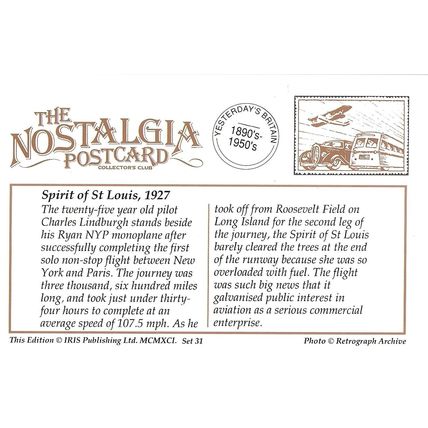 Postcard Spirit of St Louis Charles Lindburgh 1927 Ryan NYP Aircraft - Nostalgia