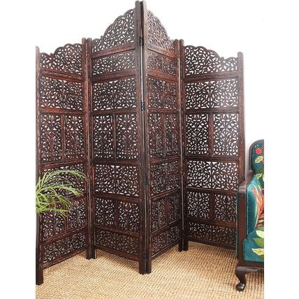 Room Divider Wood Screen - Mahanadi Antique Brown - 4 Panel Folding 72X80 - Wood