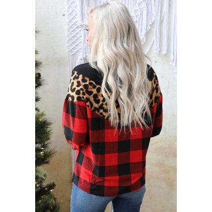Red Chevron Plaid Leopard Patchwork Turtleneck Sweatshirt