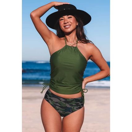 Green Camouflage Print Halter Neck Backless Two-piece Swimsuit