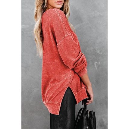 Waffle Knit Side Slit Pullover Top