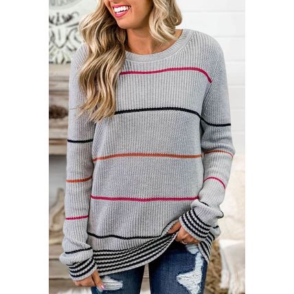 Gray Ribbed Knit Striped Sweater