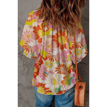 Orange Abstract Print V Neck Half Sleeve Blouse