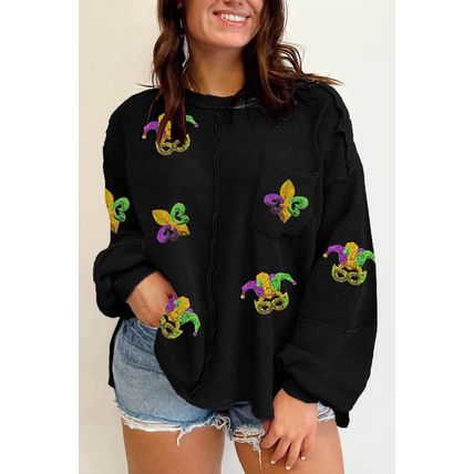 Black Plus Size Mardi Gras Patch Crinkle Patchwork Top