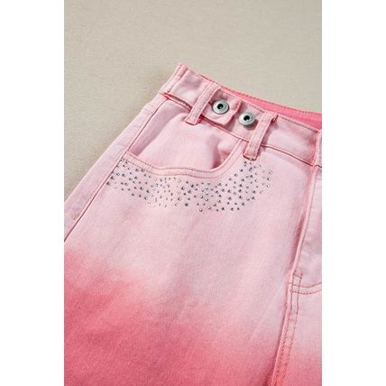 Pink Scattering Rhinestone Gradient Denim Pants