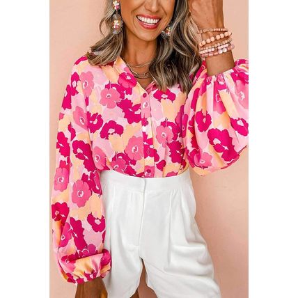 Pink Blooming Floral Print Puff Sleeve Buttoned Shirt