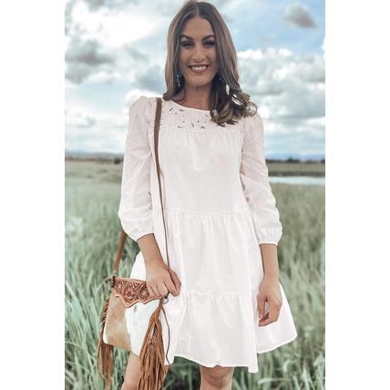 White Floral Lace Patchwork Bracelet Sleeve Tiered Mini Dress