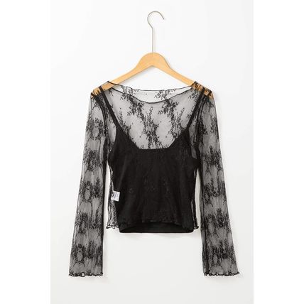 Black Lace Mesh Crochet Splicing Slim Fit Long Sleeve Blouse