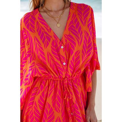Orange Leafy Print 3/4 Sleeve V Neck Buttoned Split Maxi Dress