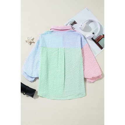 Pink Stripe Color Block Balloon Sleeve Buttoned Loose Fit Shirt