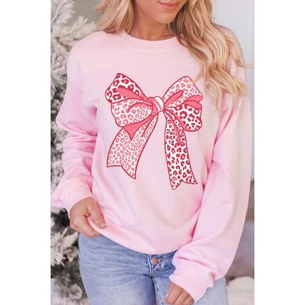 Pink Leopard Bowknot Printed Crewneck Pullover Sweatshirt