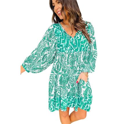 Green Bohemian Print Puff Sleeve Tied V Neck Flared Mini Dress