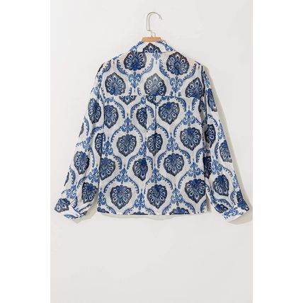 Blue Tribal Pattern Buttoned Front Loose Shirt
