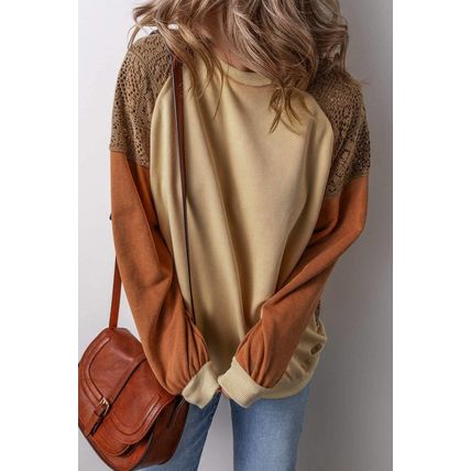 Khaki Lace Patchwork Colorblock Drop Shoulder Sweatshirt