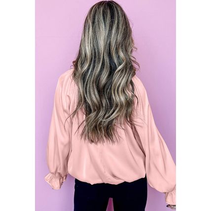 Apricot Pink Pleated Round Neck Flounce Sleeve Satin Blouse