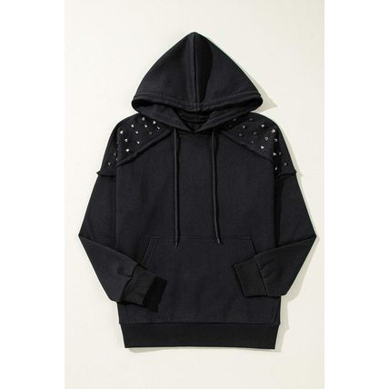 Black Solid Color Rivet Stud Raglan Sleeve Hoodie with Pocket