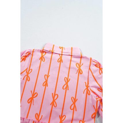 Pink Bowknot Striped Printed Tiered Ruffled Mini Shirt Dress