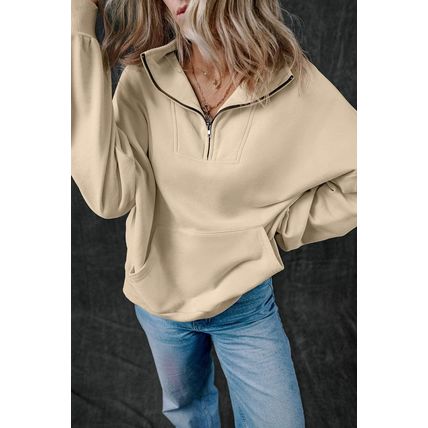 Smoke Gray Zip-up Stand Neck Kangaroo Pocket Sweatshirt