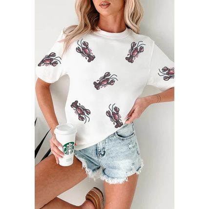 White Sequined Lobster Crewneck Tee