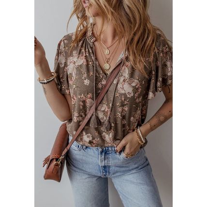Khaki Retro Floral Print Tassel Tie Split Neck Short Sleeve Blouse