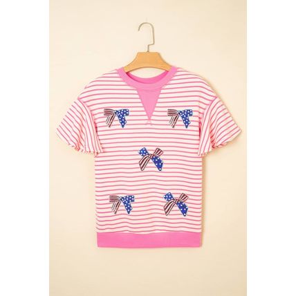 Sachet Pink Sequined American Flag Bow Patched Striped Ruffled Sleeve Blouse
