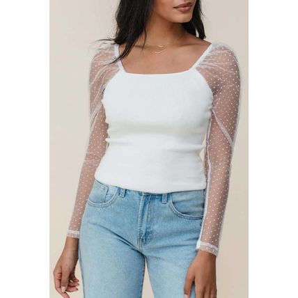 White Swiss Dot Mesh Long Sleeve Square Neck Slim Top