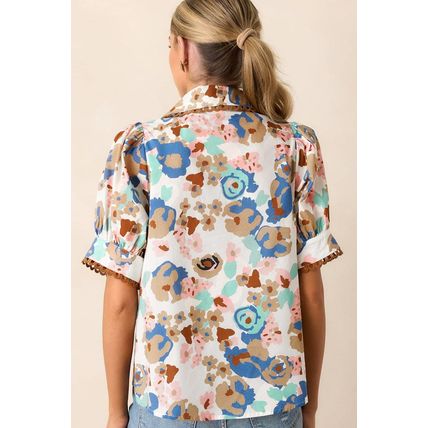 Multicolour Floral Print Ricrac Trim Collared Puff Short Sleeve Shirt