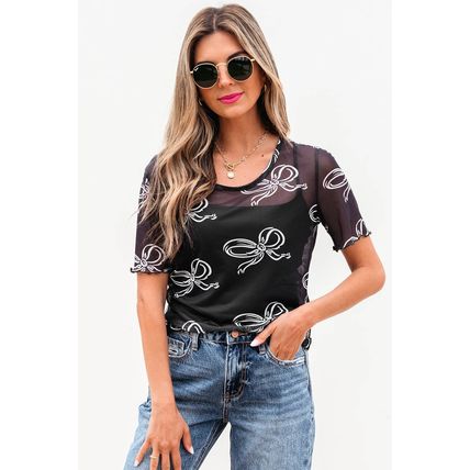 Black Bow Printed Mesh Short Sleeve Top