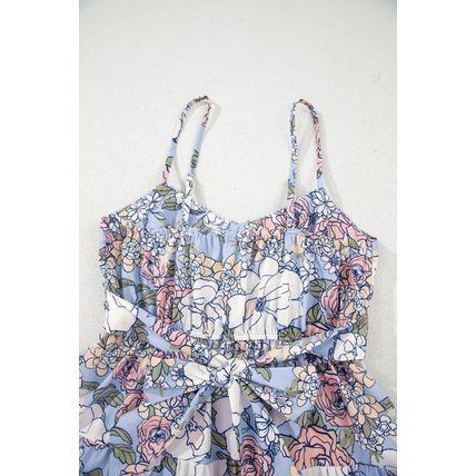 Sky Blue Floral Tiered Patchwork Spaghetti Strap Vacation Dress