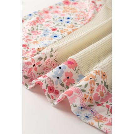 Beige Floral Patchwork Chest Pocket Wide Sleeve Waffle T Shirt