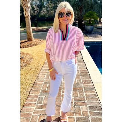 Sachet Pink Striped Print Contrast Split Neck Dolman Sleeve Blouse