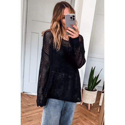 Black Crochet Hollow-out Jumper Top Sweater