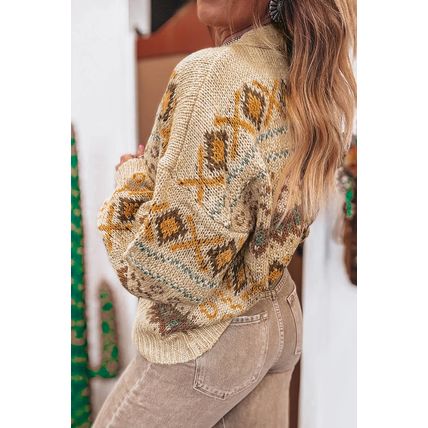 Khaki Western Pattern Knitted Button V Neck Cardigan Sweater